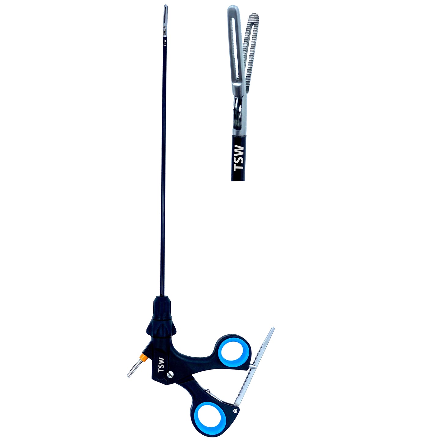 TSW laparoscopic fenestrated bowel grasper forceps with 5 mm stainless-steel fenestrated jaws and ratcheted handle, 330 mm length