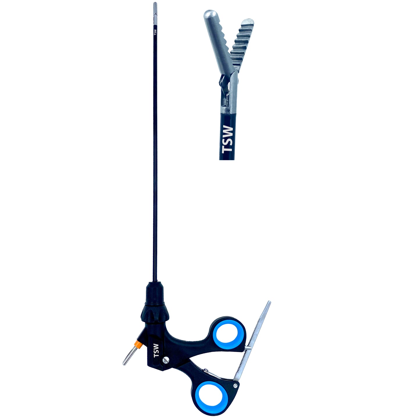 Laparoscopic Alligator Grasper Forceps with angled serrated jaws for secure tissue manipulation during minimally invasive surgery.