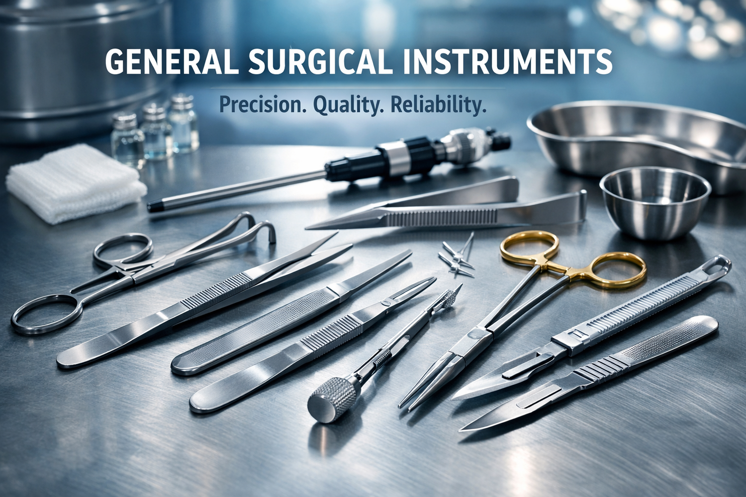 General surgical instruments including scissors, forceps, scalpel and needle holder arranged on stainless steel surface for precision surgical use