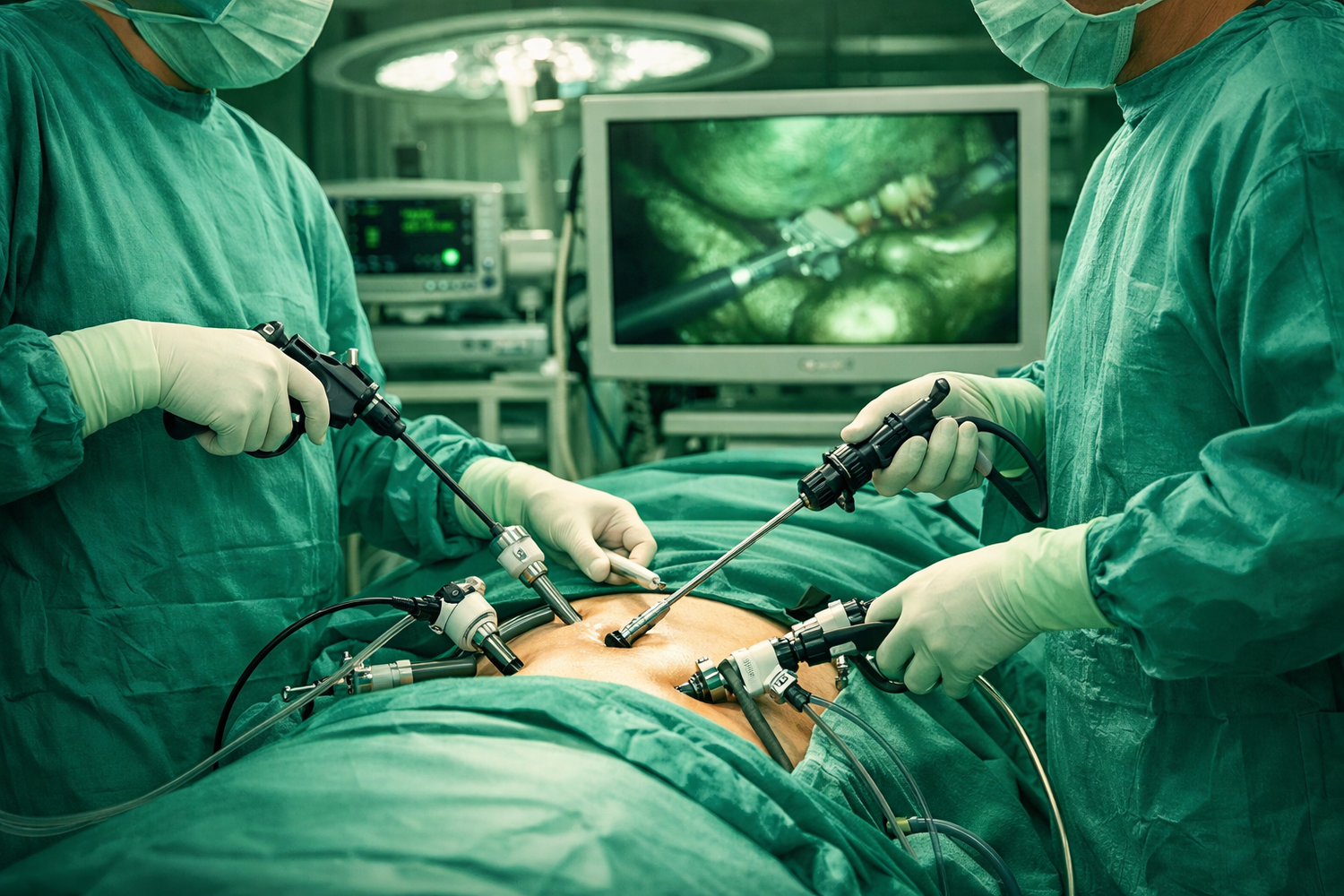 Laparoscopic surgery procedure using advanced laparoscopic instruments by TSW Tannu Surgical Works in operating room.