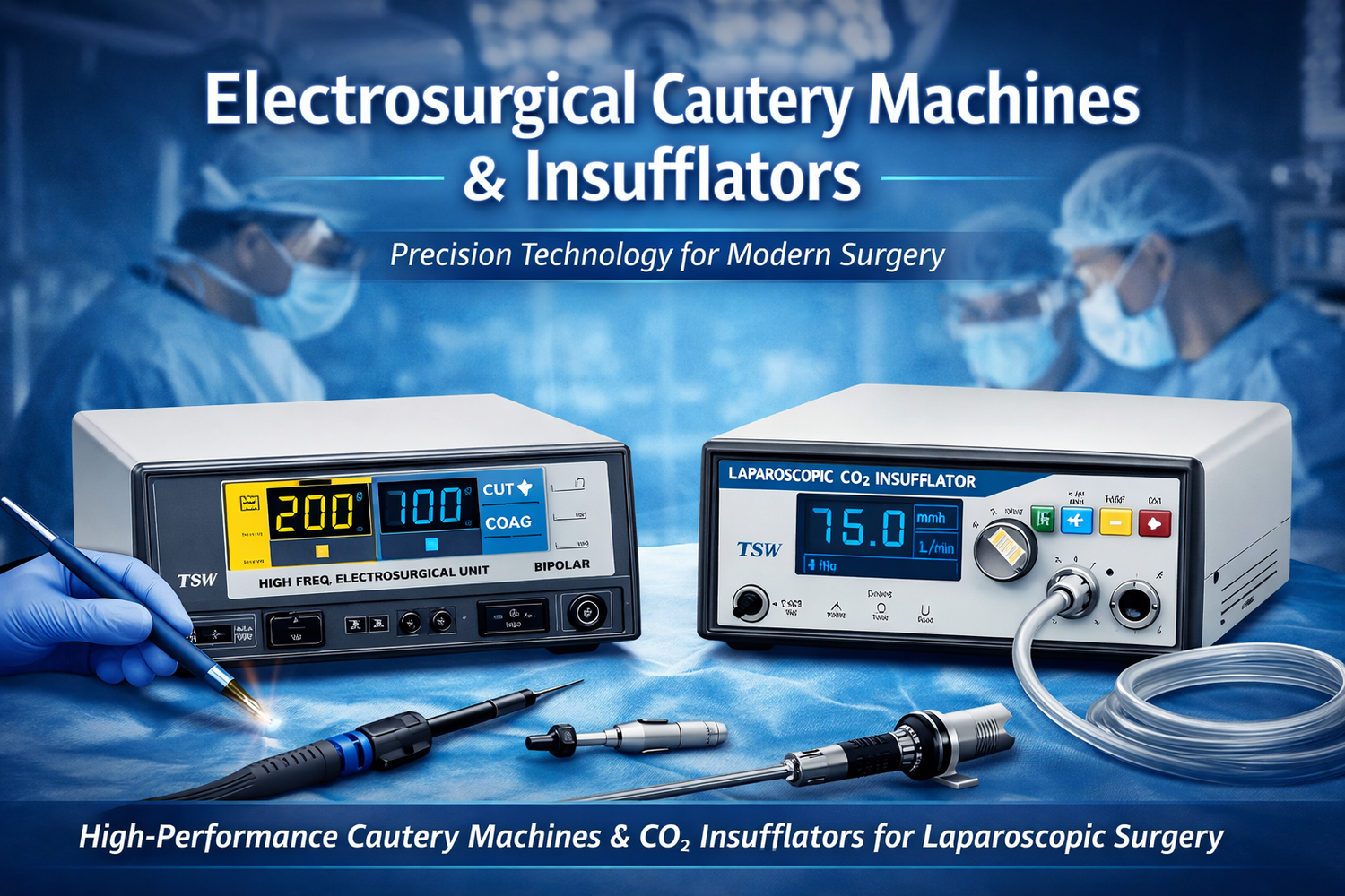 Electrosurgical Cautery Machine and CO₂ Insufflator for laparoscopic surgery by TSW – high precision surgical energy device and laparoscopic insufflation system.