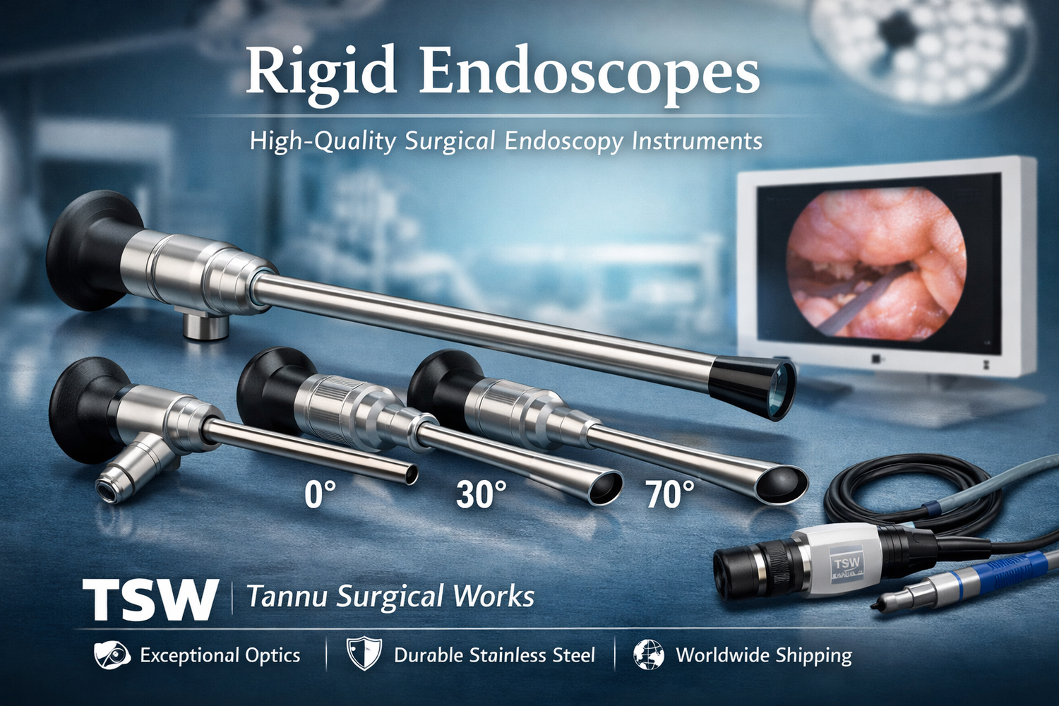 Rigid endoscopes surgical instruments by TSW Tannu Surgical Works showing 0°, 30°, and 70° endoscopy scopes used in laparoscopic and endoscopic surgery.