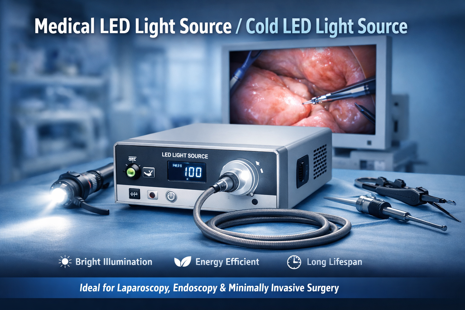 Medical LED Cold Light Source unit with fiber optic cable used for laparoscopy and endoscopy surgical illumination in operating room setting.