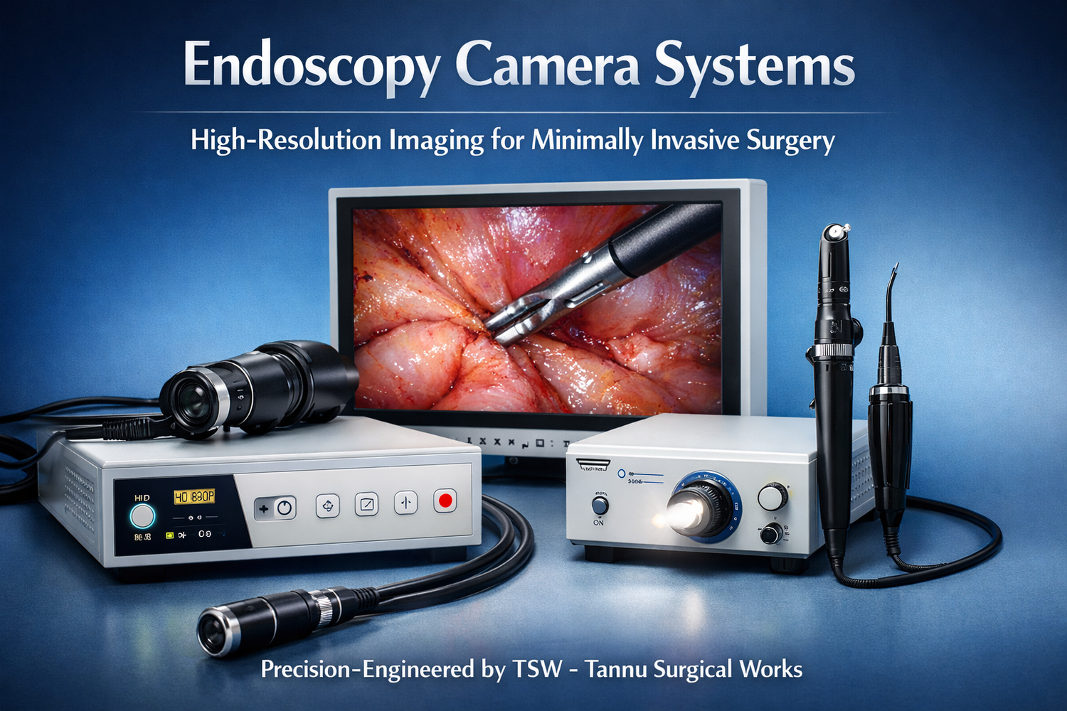 Endoscopy camera system with HD monitor, control unit, light source, and camera probes displayed on a blue background with TSW – Tannu Surgical Works branding.