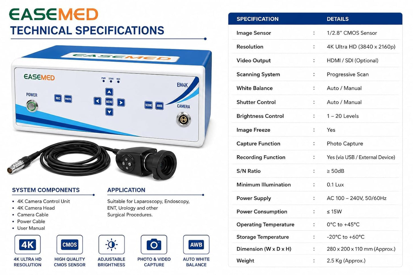 EASEMED EM4K 4K UHD Endoscopy & Laparoscopy Camera System | 3840×2160 60FPS Medical Camera | CMOS Surgical Endoscopy Imaging System with Camera Head