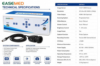 EASEMED EM4K 4K UHD Endoscopy & Laparoscopy Camera System | 3840×2160 60FPS Medical Camera | CMOS Surgical Endoscopy Imaging System with Camera Head