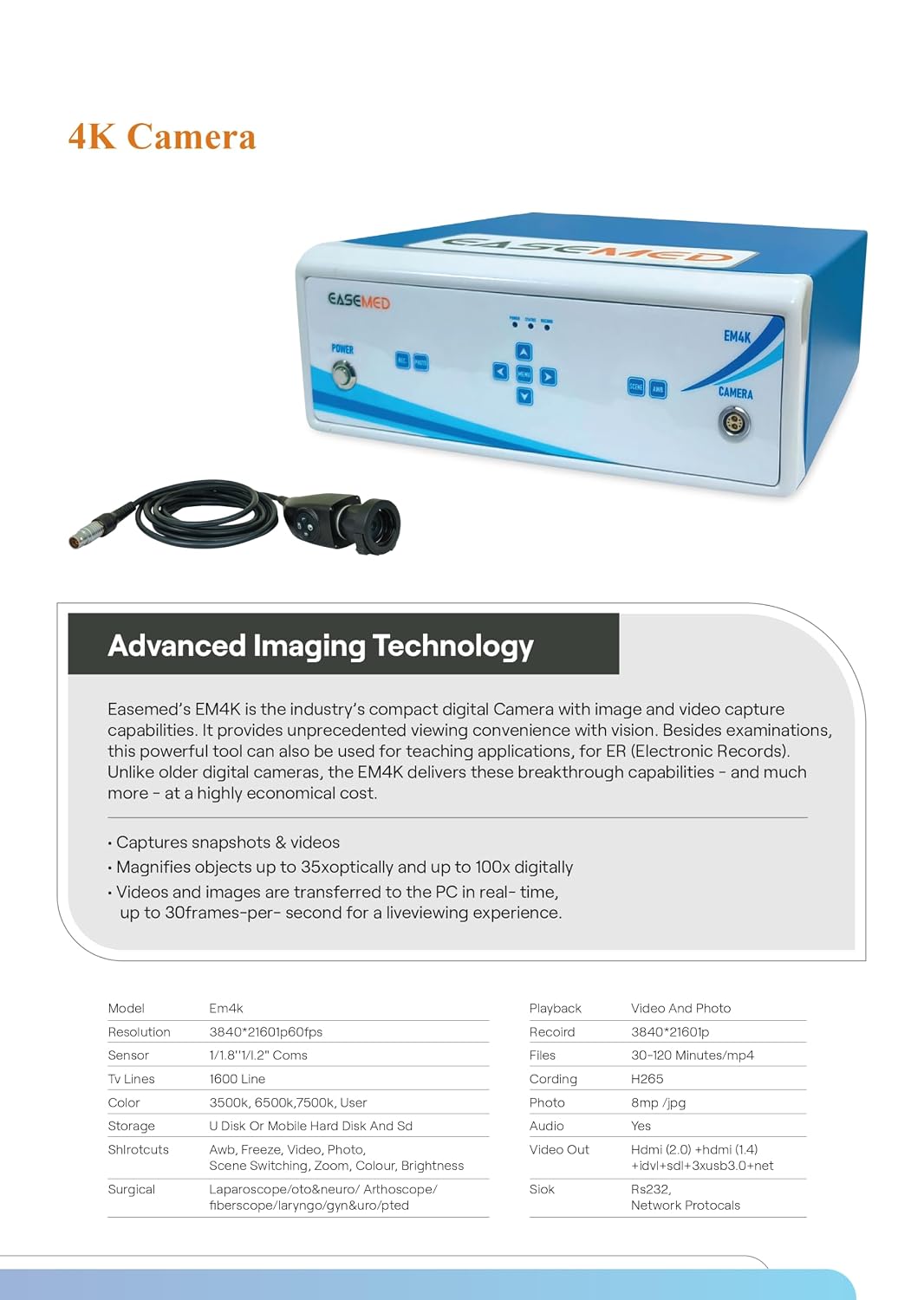 EASEMED EM4K 4K UHD Endoscopy & Laparoscopy Camera System | 3840×2160 60FPS Medical Camera | CMOS Surgical Endoscopy Imaging System with Camera Head