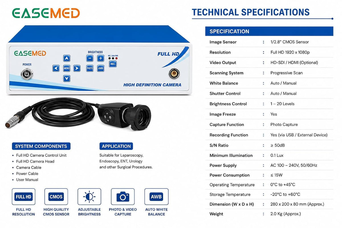 EASEMED Full HD Endoscopy & Laparoscopy Camera System with Camera Head | 1920×1080 Medical Surgical Imaging Camera | CMOS Endoscopy Camera System - TSW