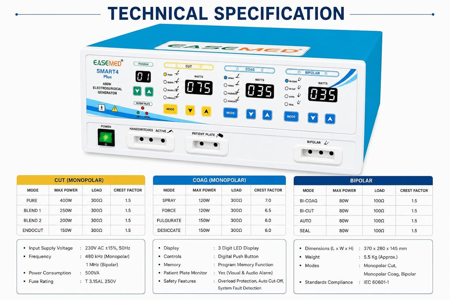 EASEMED Smart4 Plus 400W Digital Electrosurgical Generator | Monopolar & Bipolar Cautery Machine | Electrosurgery Diathermy Unit | ESU with Complete Accessories