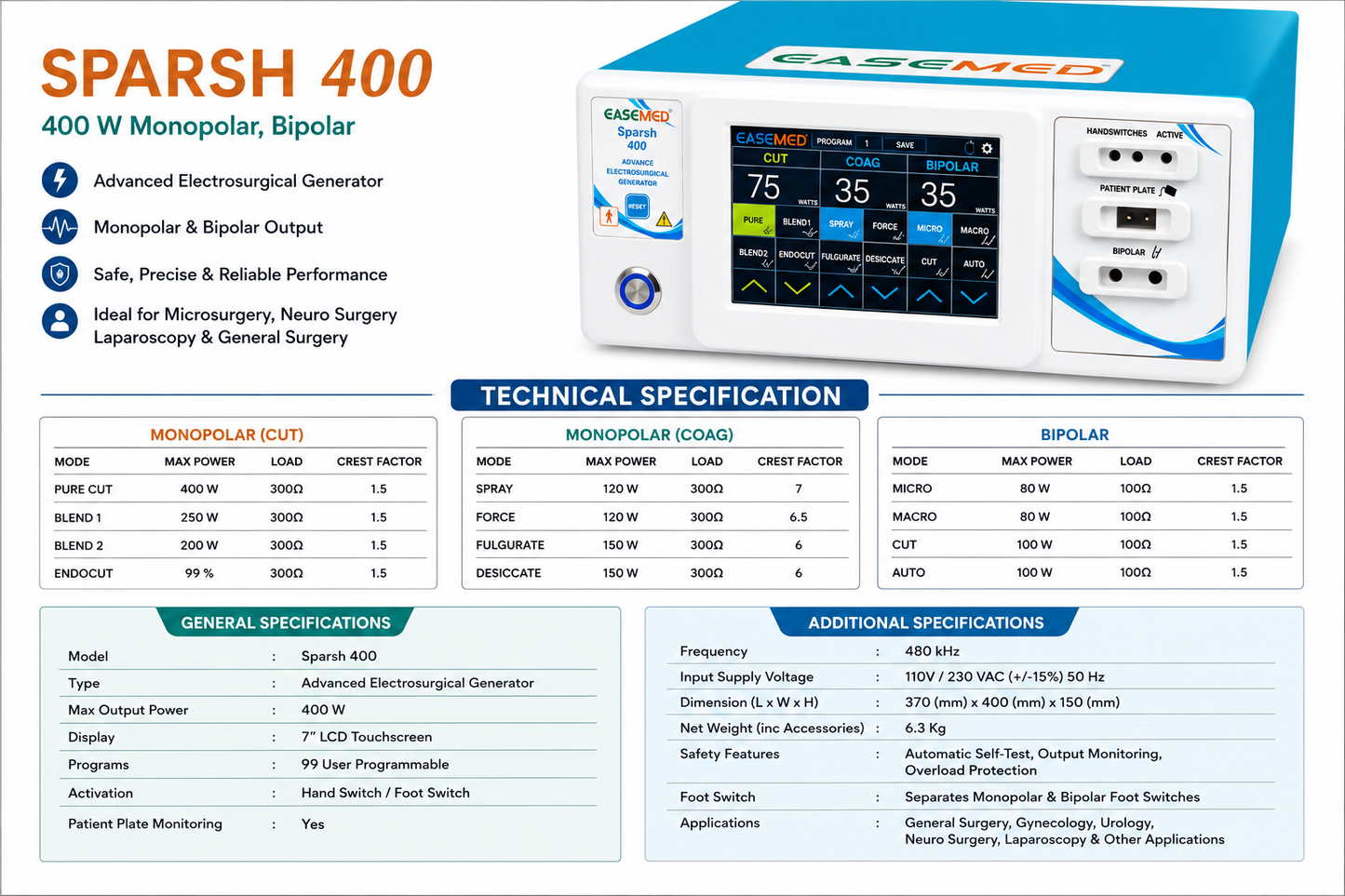 EASEMED SPARSH 400 Advance 400W Touch Screen Electrosurgical Generator | Monopolar & Bipolar Cautery Machine | Digital Diathermy Electrosurgery Unit | Complete Accessories Set - TSW