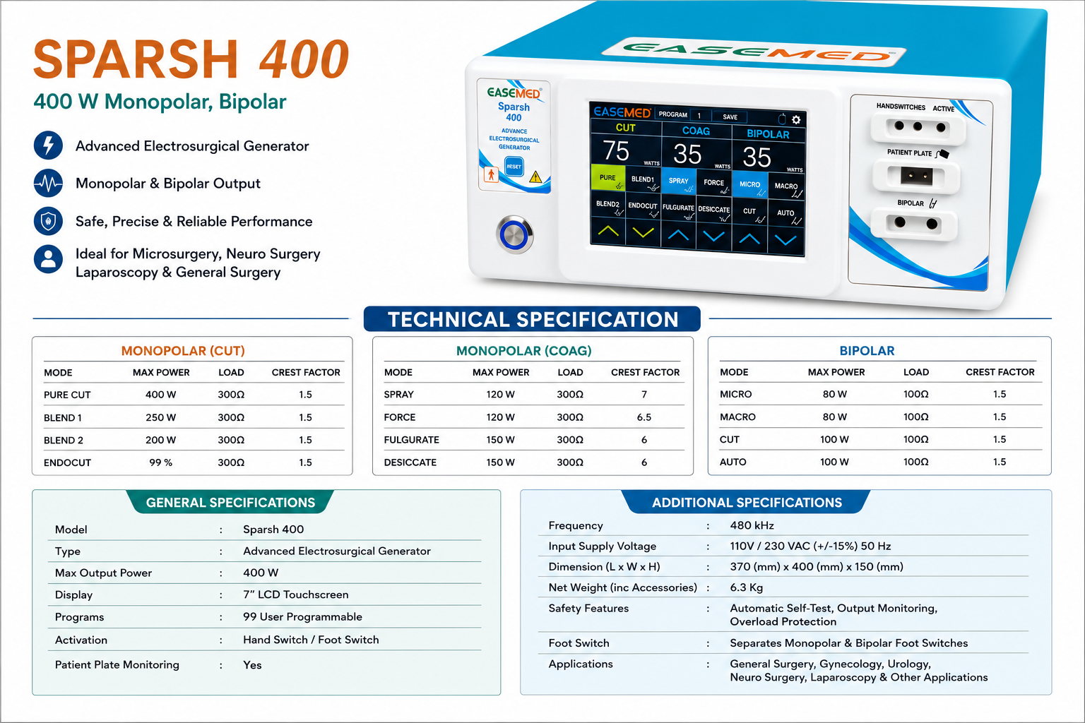 EASEMED SPARSH 400 Advance 400W Touch Screen Electrosurgical Generator | Monopolar & Bipolar Cautery Machine | Digital Diathermy Electrosurgery Unit | Complete Accessories Set - TSW
