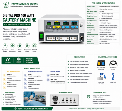 G 400 Programming 400W Digital Cautery Machine | Monopolar & Bipolar Electrosurgical Generator | Programmable Digital Diathermy Electrosurgery Unit | Complete Accessories Set