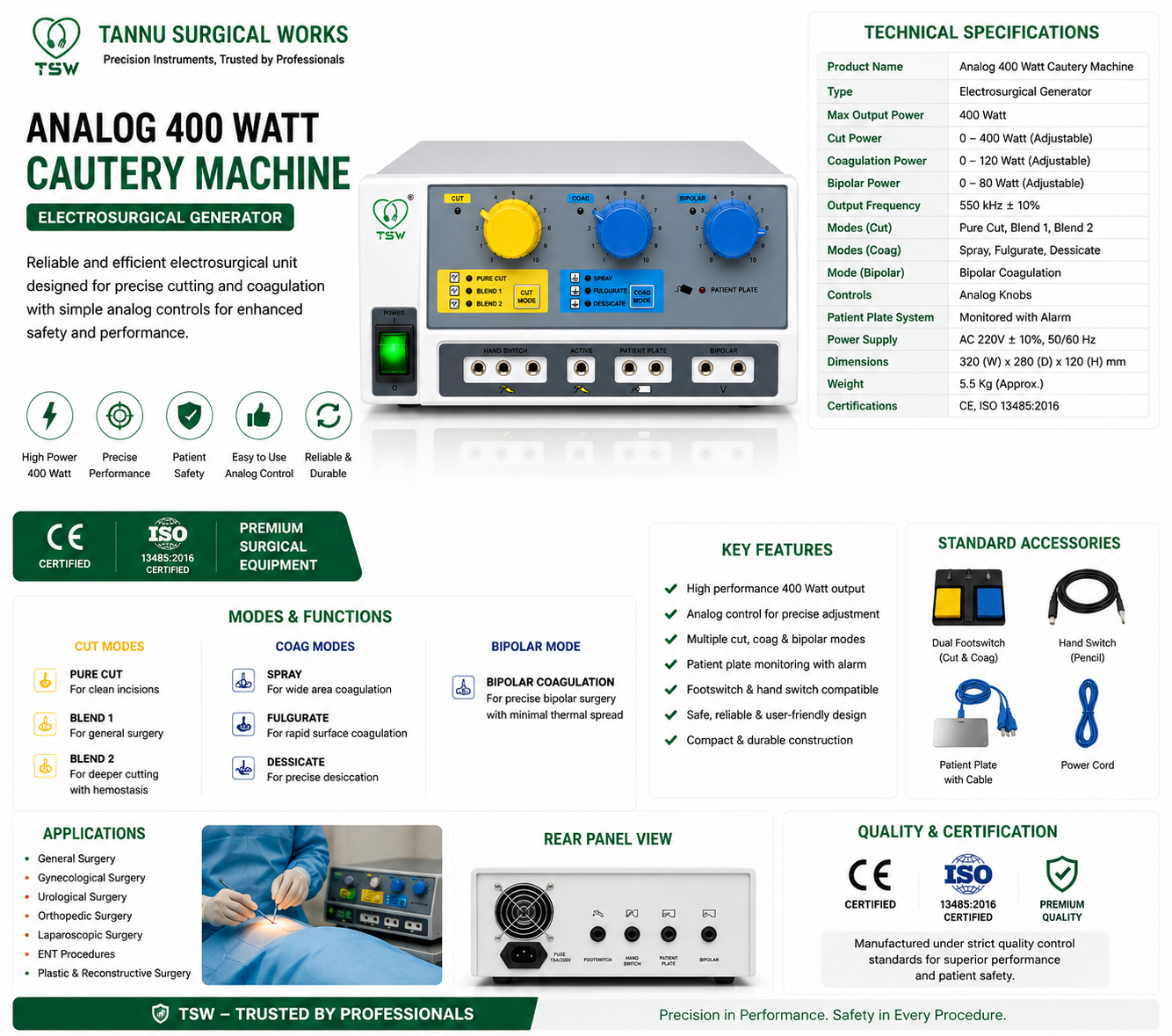 G SSE TUR 400W Analog Cautery Machine | Monopolar & Bipolar Electrosurgical Generator | Surgical Diathermy Electrosurgery Unit | Complete Accessories Set