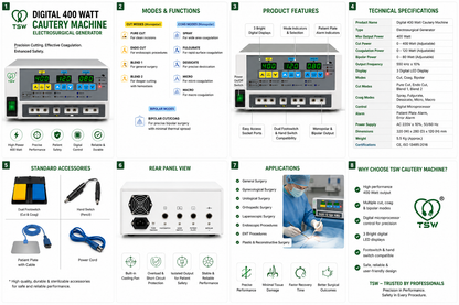 G 400 Programming 400W Digital Cautery Machine | Monopolar & Bipolar Electrosurgical Generator | Programmable Digital Diathermy Electrosurgery Unit | Complete Accessories Set