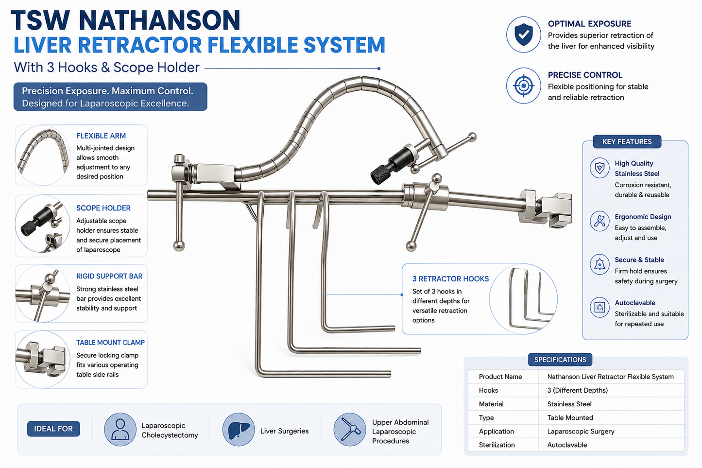 Nathanson liver retractor complete set with flexible arm and three hooks