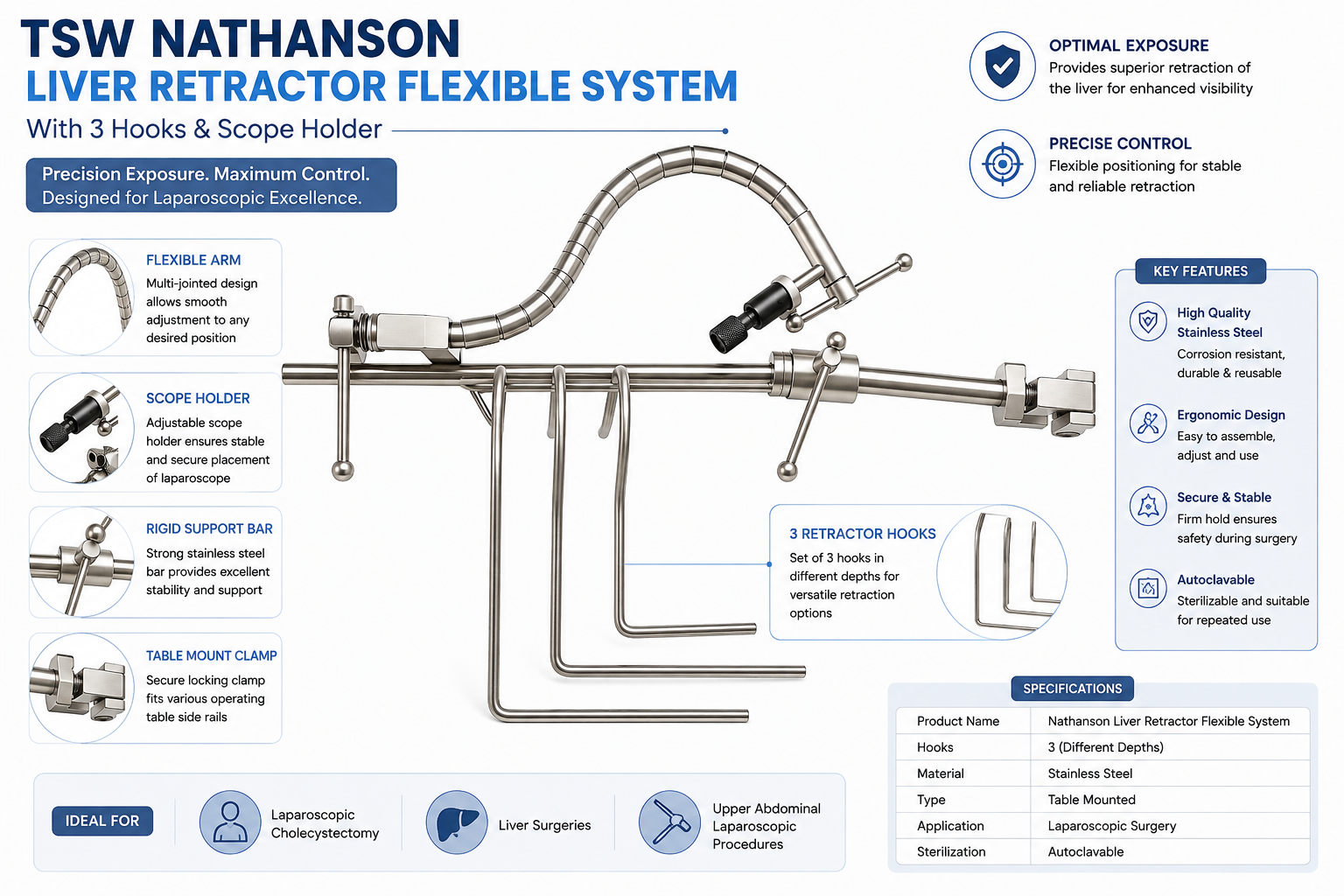 Nathanson liver retractor complete set with flexible arm and three hooks