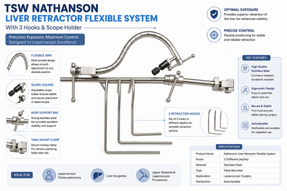 Nathanson liver retractor complete set with flexible arm and three hooks