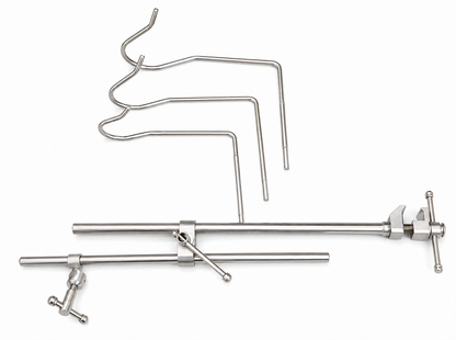 Three Nathanson retractor hooks with rigid support system overview