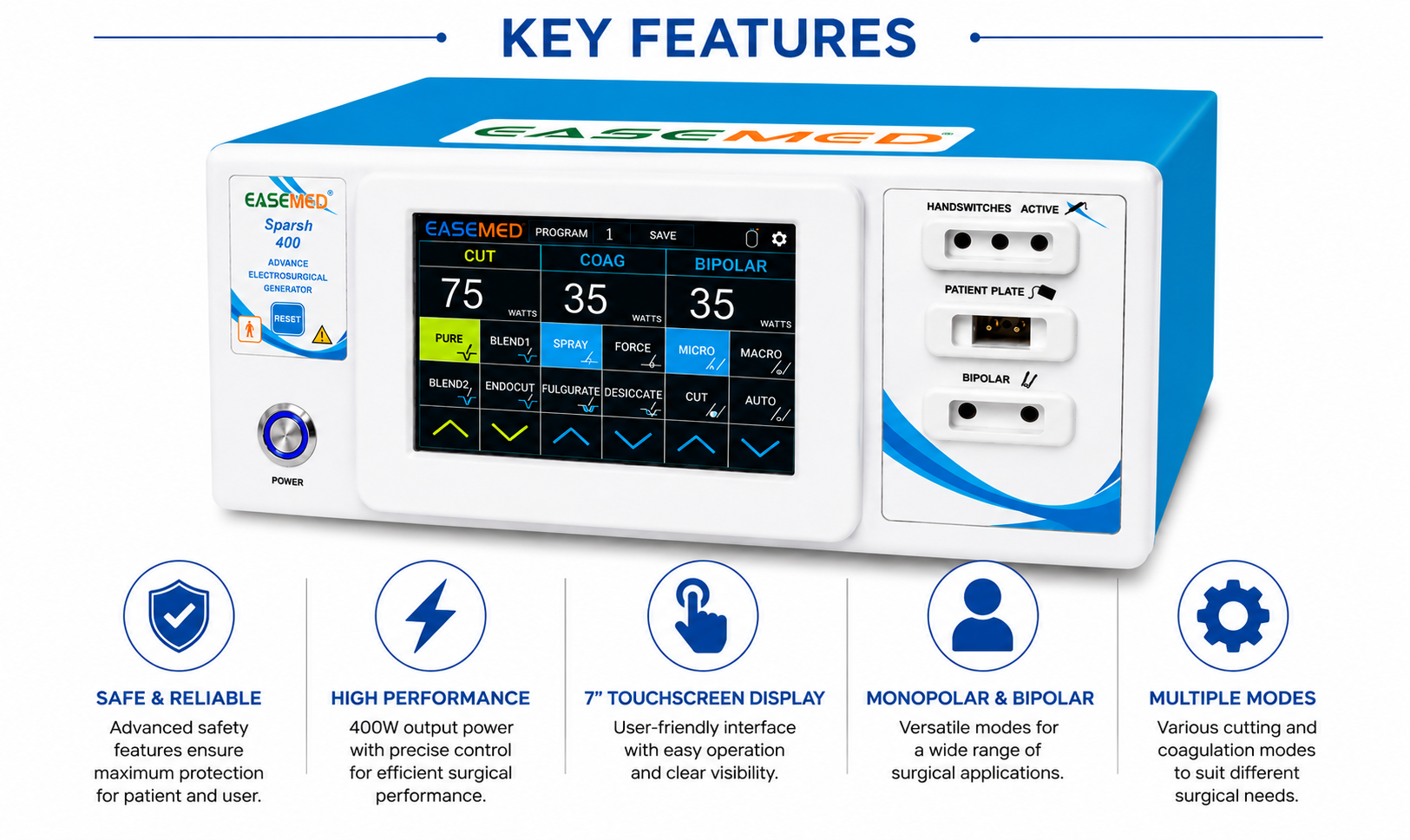 EASEMED SPARSH 400 Advance 400W Touch Screen Electrosurgical Generator | Monopolar & Bipolar Cautery Machine | Digital Diathermy Electrosurgery Unit | Complete Accessories Set - TSW