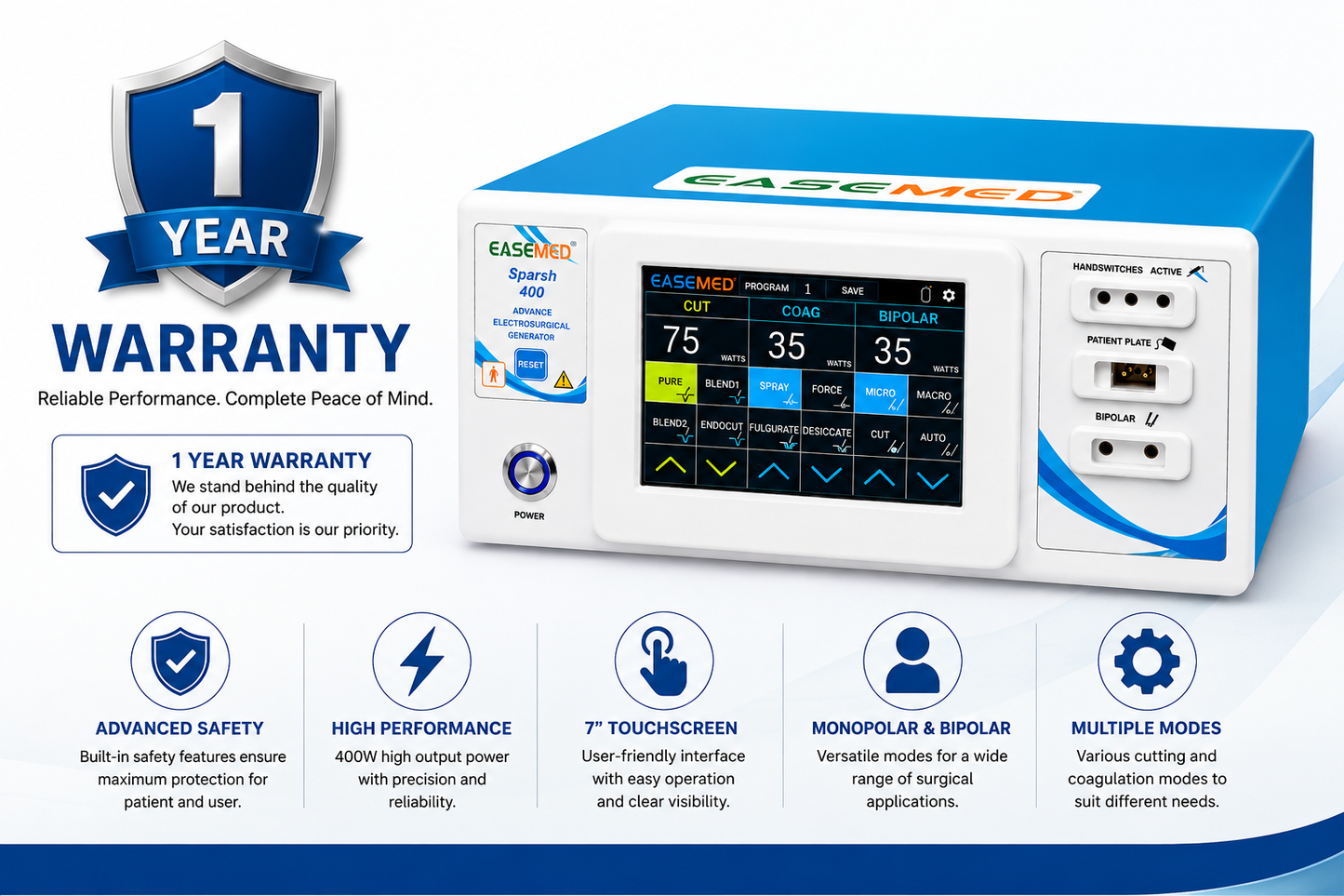 EASEMED SPARSH 400 Advance 400W Touch Screen Electrosurgical Generator | Monopolar & Bipolar Cautery Machine | Digital Diathermy Electrosurgery Unit | Complete Accessories Set - TSW