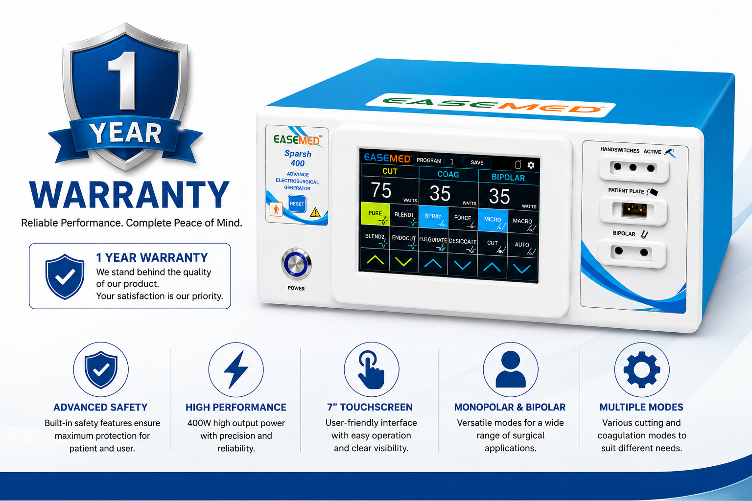 EASEMED SPARSH 400 Advance 400W Touch Screen Electrosurgical Generator | Monopolar & Bipolar Cautery Machine | Digital Diathermy Electrosurgery Unit | Complete Accessories Set - TSW
