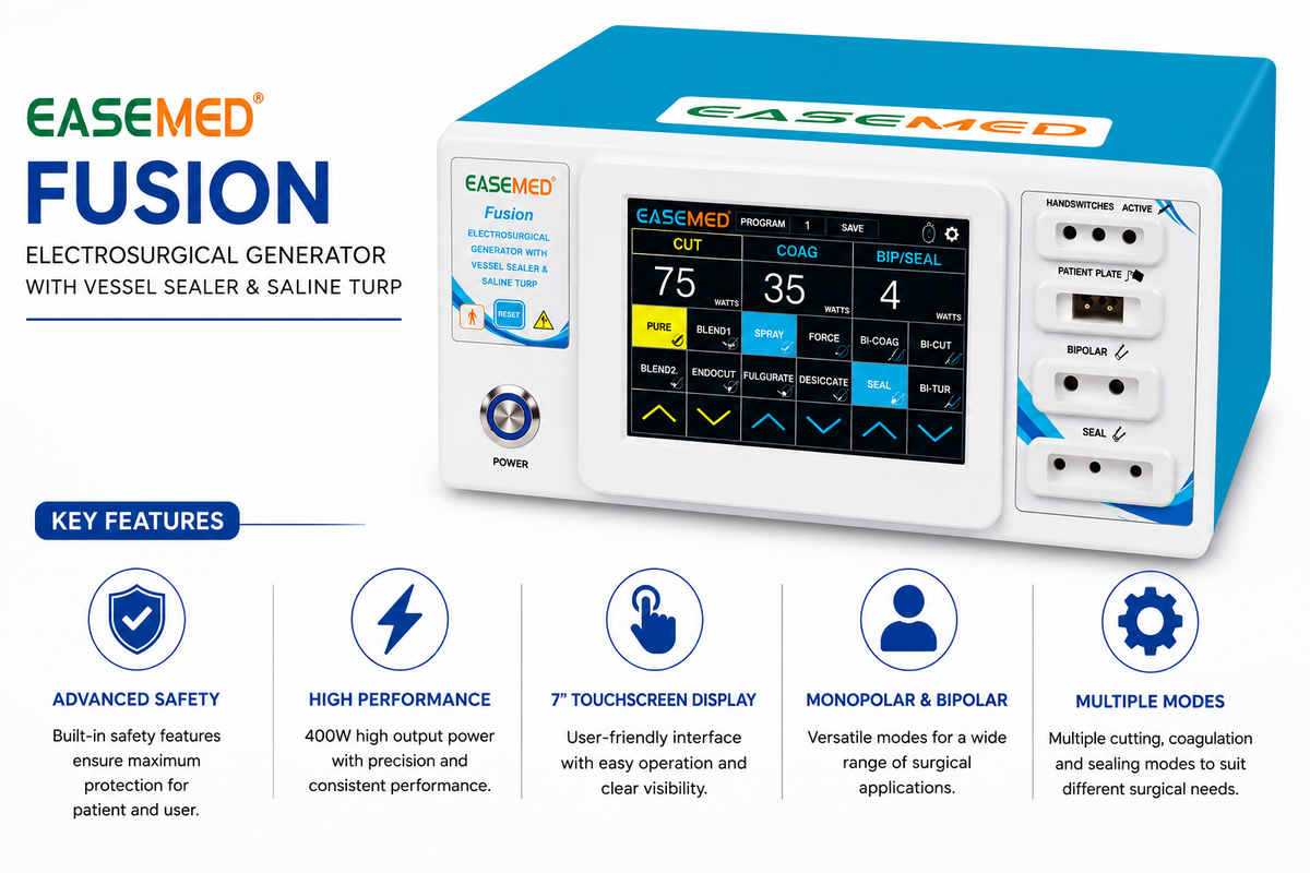 EASEMED Fusion 400W Digital Touch Screen Cautery Machine | Monopolar Bipolar Vessel Sealing with Saline Bipolar TURP | Electrosurgical Generator Diathermy Unit | Complete Surgical Set - TSW
