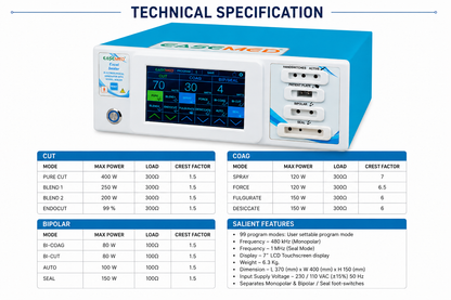 EASEMED Excel Sealer 400W Digital Touch Screen Cautery Machine | Monopolar Bipolar Vessel Sealing Electrosurgical Generator | 7" LCD Electrosurgery Diathermy Unit | Complete Surgical Set - TSW