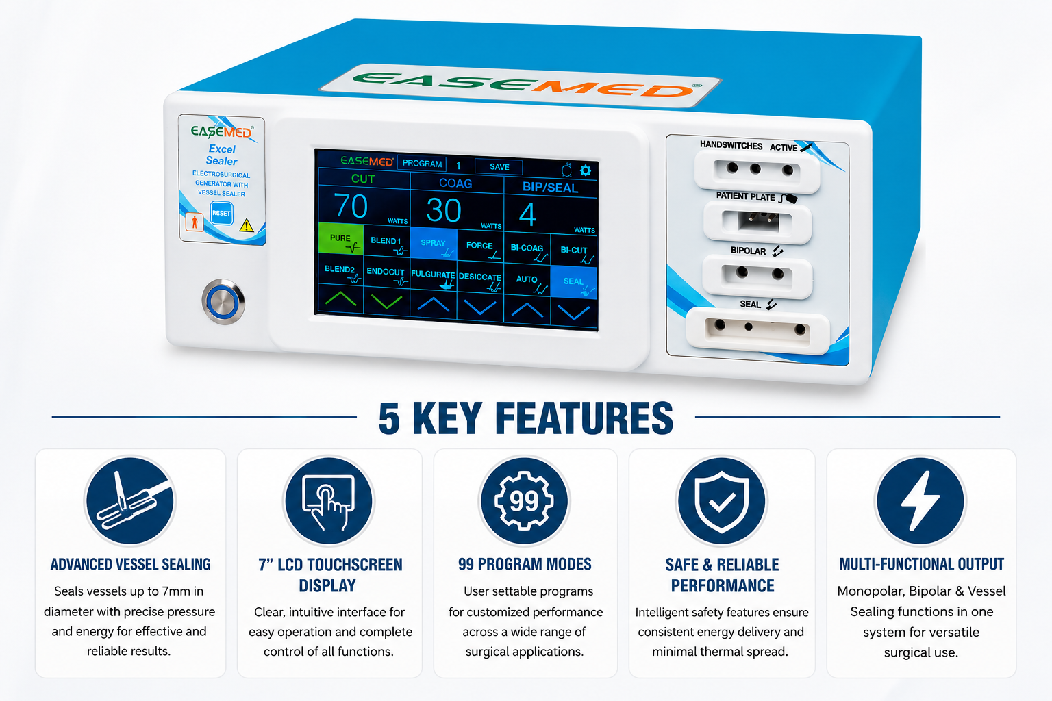 EASEMED Excel Sealer 400W Digital Touch Screen Cautery Machine | Monopolar Bipolar Vessel Sealing Electrosurgical Generator | 7" LCD Electrosurgery Diathermy Unit | Complete Surgical Set - TSW