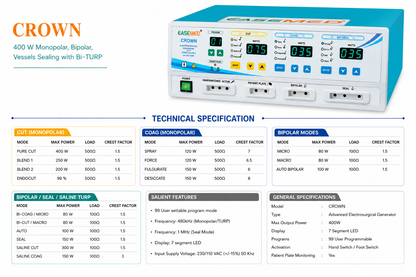 EASEMED CROWN 400W Digital Cautery Machine | Monopolar, Bipolar, Vessel Sealing System with Saline Bi-TURP | Electrosurgical Generator | Diathermy Unit | Complete Surgical Instruments Set - TSW