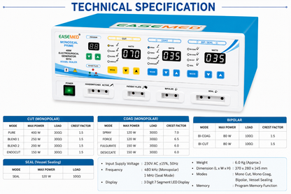EASEMED MONOSEAL PRIME 400W Digital Electrosurgical Generator with Vessel Sealing System | Monopolar, Bipolar Cautery Machine | Electrosurgery Diathermy Unit | Complete Set - TSW