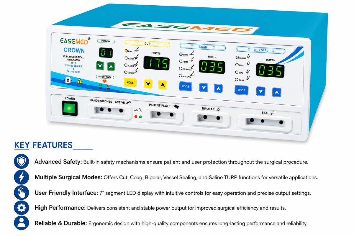 EASEMED CROWN 400W Digital Cautery Machine | Monopolar, Bipolar, Vessel Sealing System with Saline Bi-TURP | Electrosurgical Generator | Diathermy Unit | Complete Surgical Instruments Set - TSW
