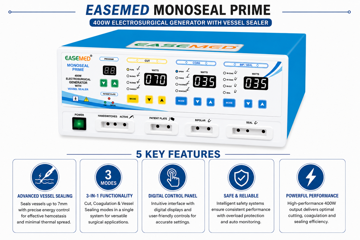 EASEMED MONOSEAL PRIME 400W Digital Electrosurgical Generator with Vessel Sealing System | Monopolar, Bipolar Cautery Machine | Electrosurgery Diathermy Unit | Complete Set - TSW