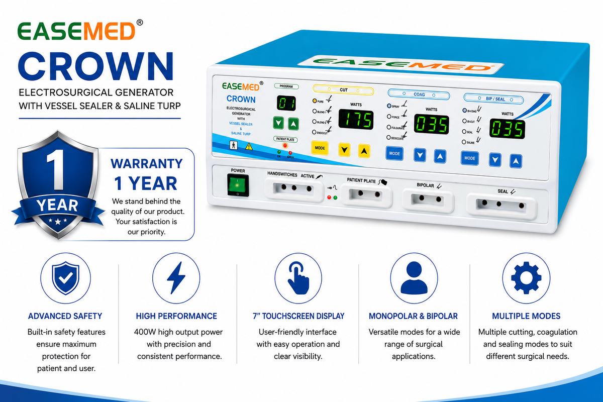 EASEMED CROWN 400W Digital Cautery Machine | Monopolar, Bipolar, Vessel Sealing System with Saline Bi-TURP | Electrosurgical Generator | Diathermy Unit | Complete Surgical Instruments Set - TSW