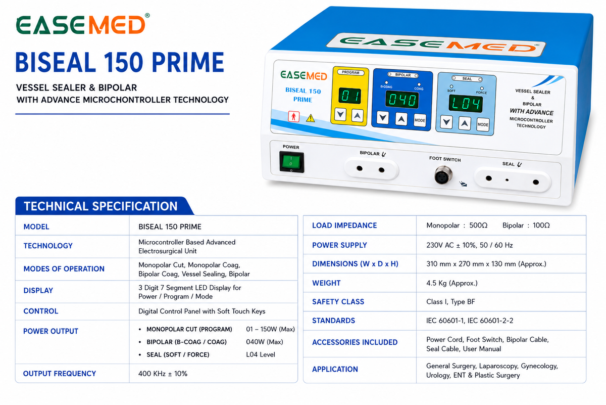 EASEMED BISEAL 150 Prime Vessel Sealer with Bipolar Electrosurgical Generator | 150W Digital Cautery Machine | Microcontroller Controlled Diathermy Unit Set - TSW
