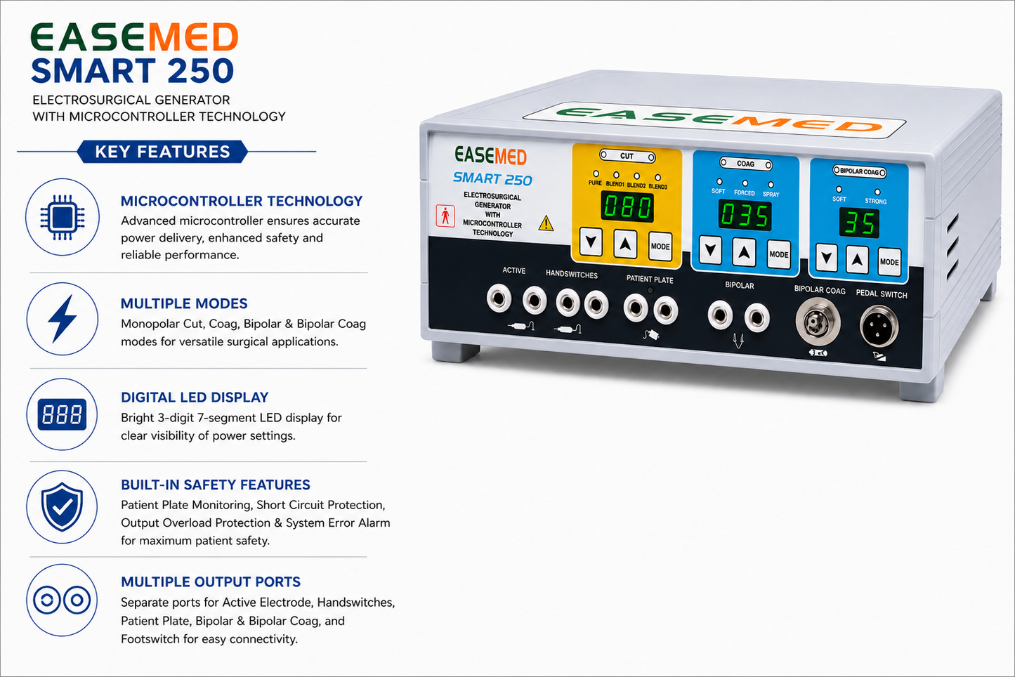 EASEMED Smart-250 250W Electrosurgical Generator | Digital Bipolar Monopolar Cautery Machine | Electrosurgery Diathermy Unit Set