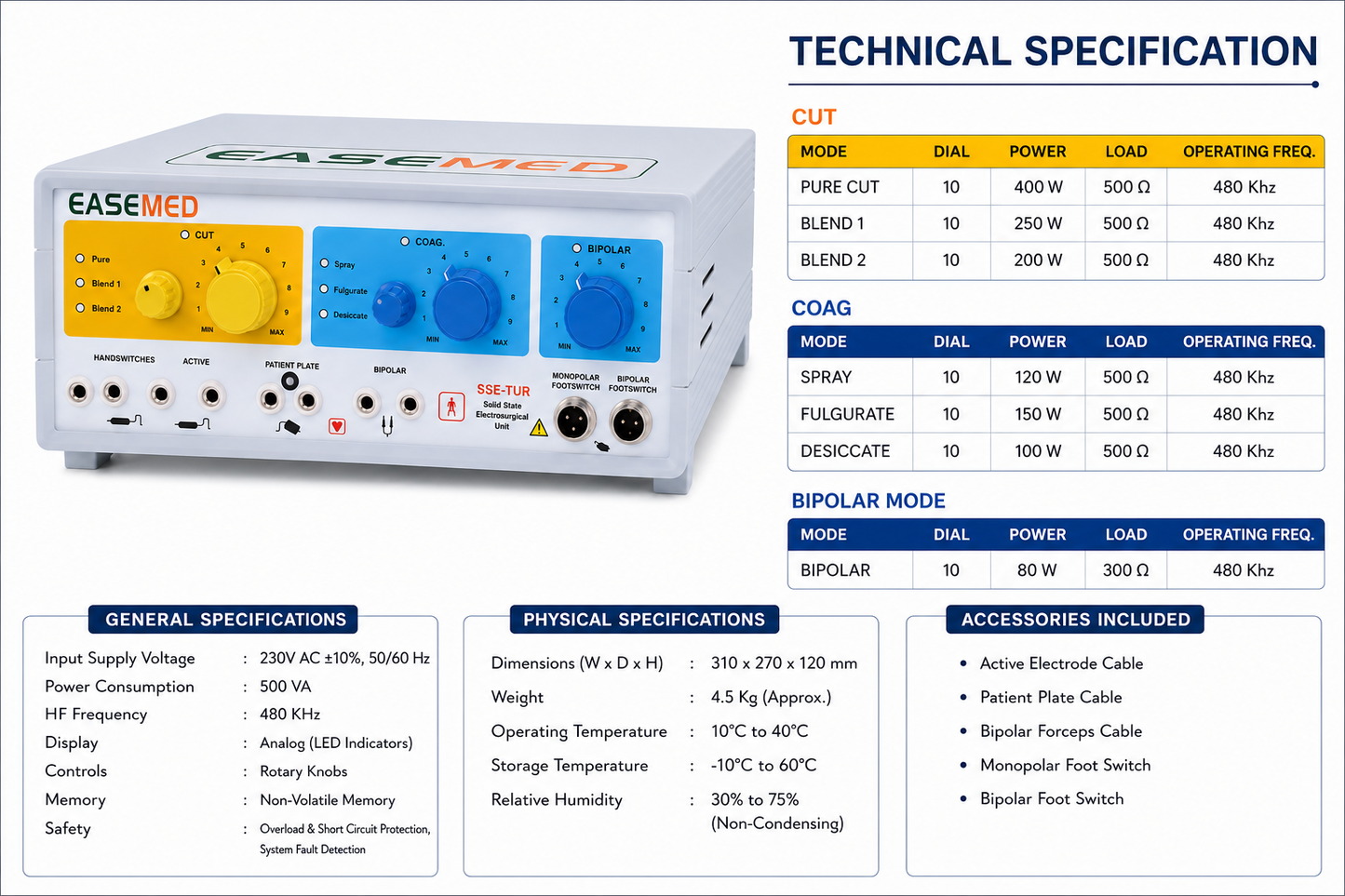 EASEMED SSE-TUR 400W Electrosurgical Generator | Analog Bipolar Monopolar Cautery Machine | Electrosurgery Diathermy Unit Set