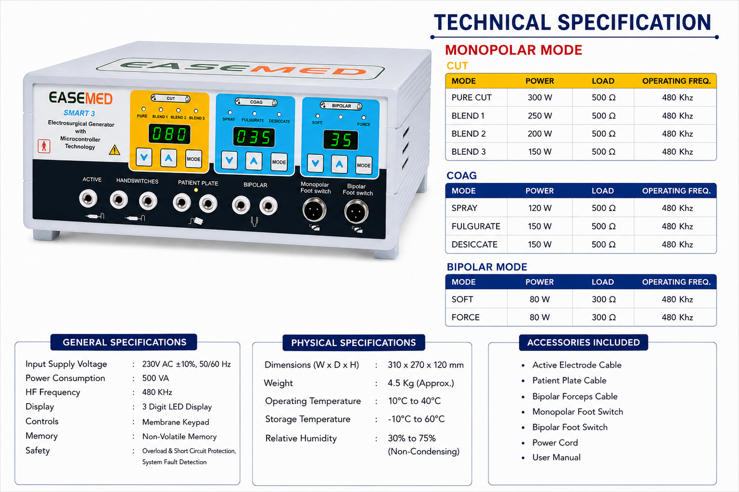 EASEMED Smart-3 300W Electrosurgical Generator | Digital Monopolar Bipolar Cautery Machine | Electrosurgery Diathermy Unit Set