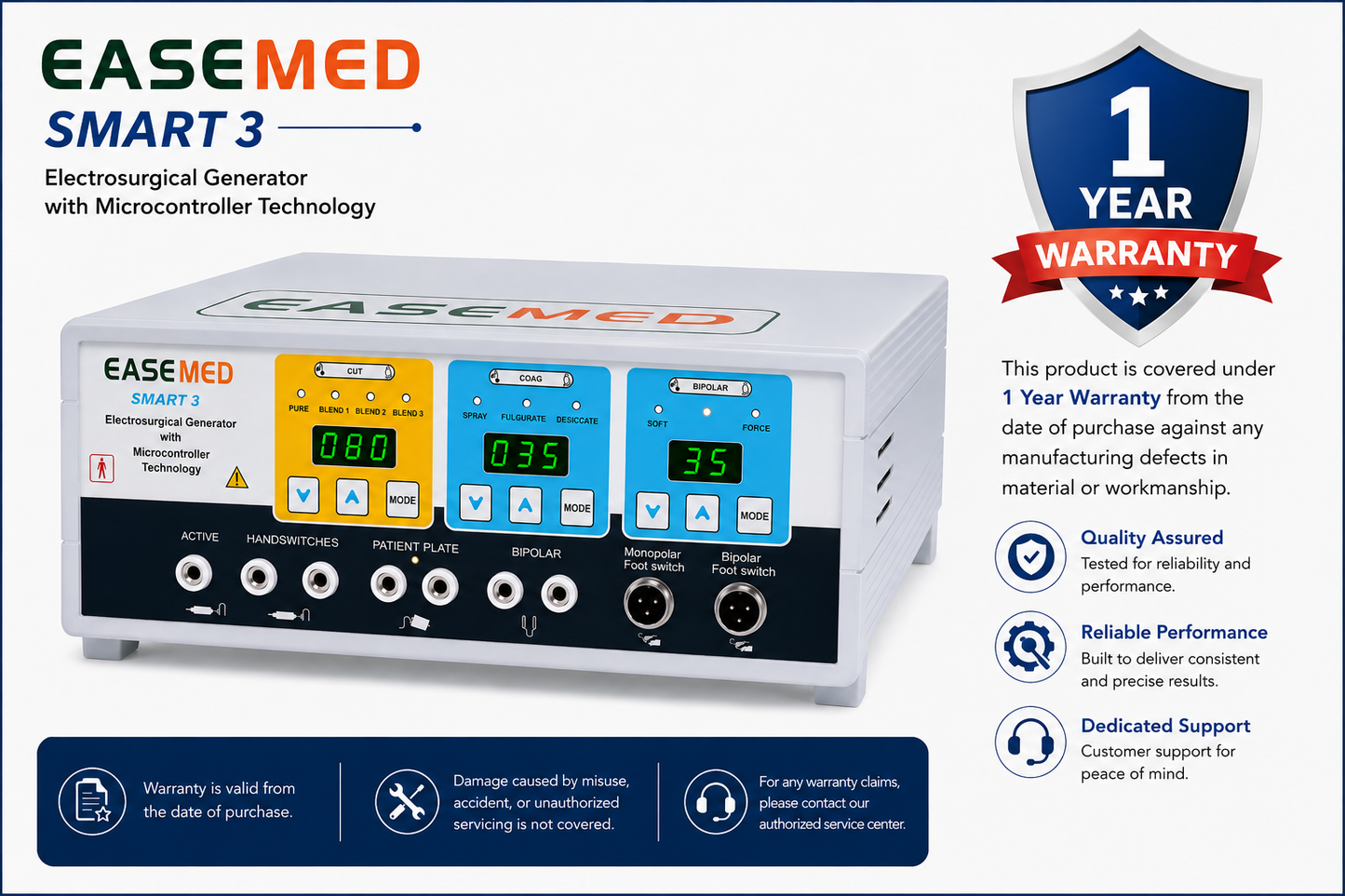 EASEMED Smart-3 300W Electrosurgical Generator | Digital Monopolar Bipolar Cautery Machine | Electrosurgery Diathermy Unit Set
