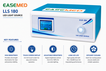 EASEMED LLS 180 LED Light Source 180W for Laparoscopy & Endoscopy | 4.3" Touch Screen Cold LED Light Source with 7 Ft (2.3m) Xenon Fiber Optic Cable | 6000K White Light | Complete Set - TSW