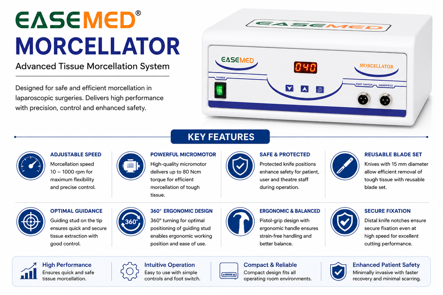 EASEMED Laparoscopic Morcellator System | Electric Gynecological Tissue Morcellator | 10–1000 RPM | High Torque Motor | Handpiece, Foot Switch & Accessories | 1 Year Warranty
