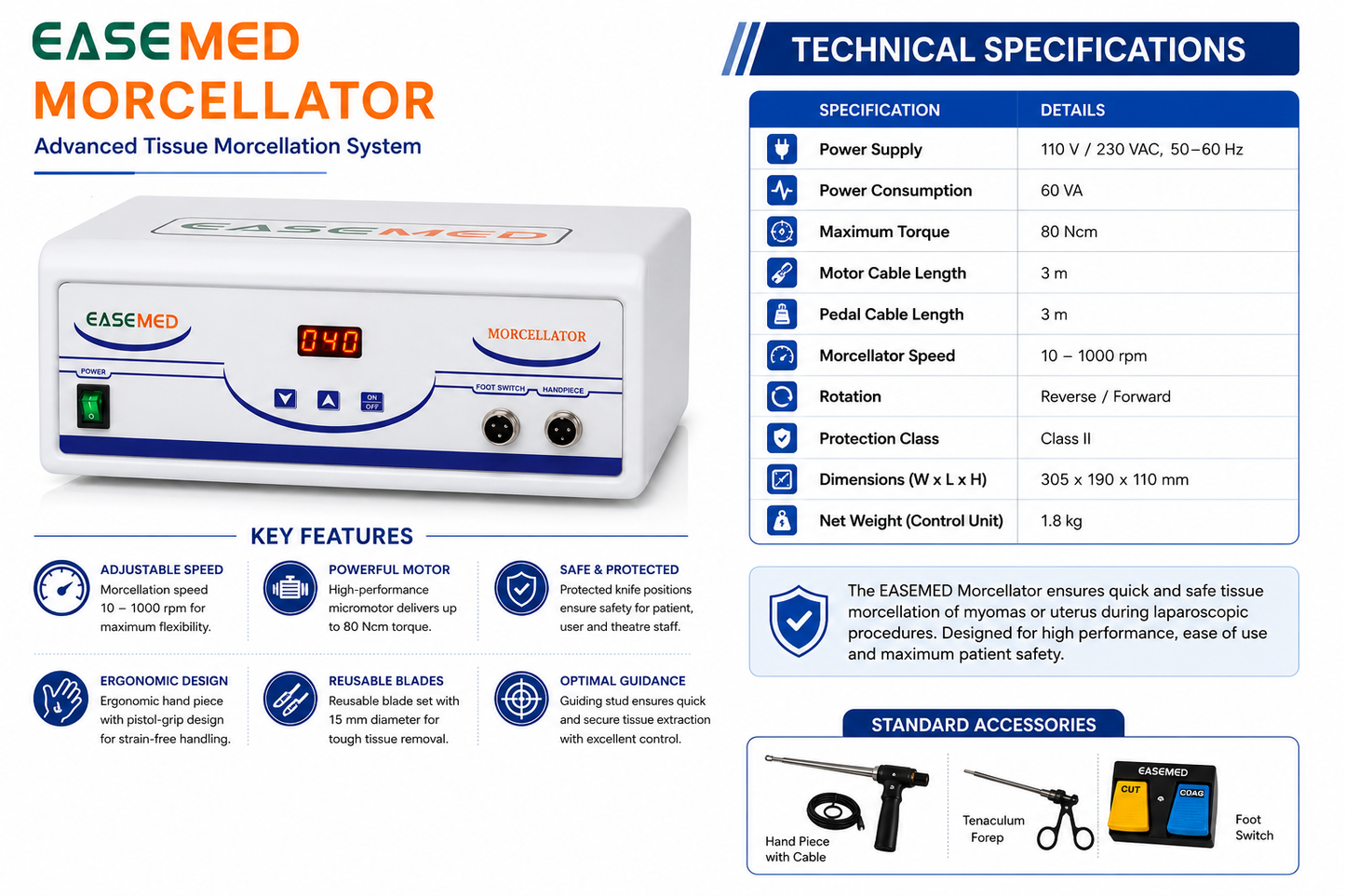 EASEMED Laparoscopic Morcellator System | Electric Gynecological Tissue Morcellator | 10–1000 RPM | High Torque Motor | Handpiece, Foot Switch & Accessories | 1 Year Warranty
