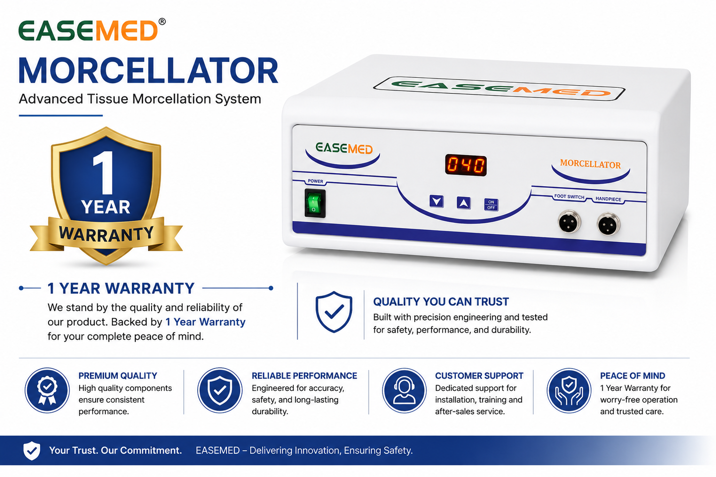 EASEMED Laparoscopic Morcellator System | Electric Gynecological Tissue Morcellator | 10–1000 RPM | High Torque Motor | Handpiece, Foot Switch & Accessories | 1 Year Warranty