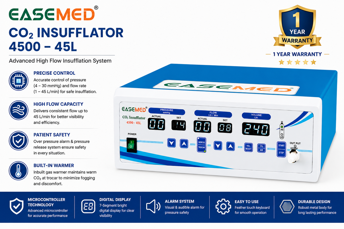 EASEMED Advance 45L CO₂ Insufflator with Inbuilt Regulator & Air Mode | High Flow 45 Liters Laparoscopic CO₂ Insufflation System | Gas Warmer | Metal Body | Complete Set - TSW