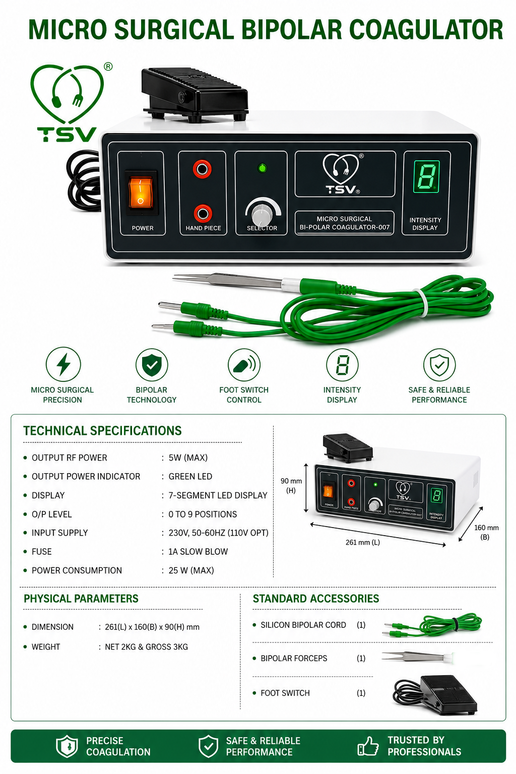 TSW bipolar coagulator accessories including forceps silicone cord and foot switch