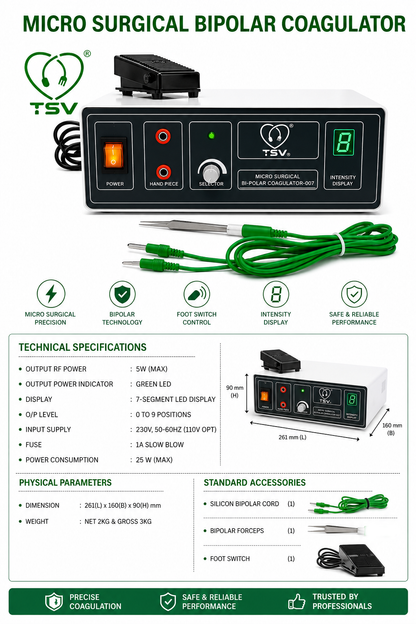 TSW bipolar coagulator accessories including forceps silicone cord and foot switch