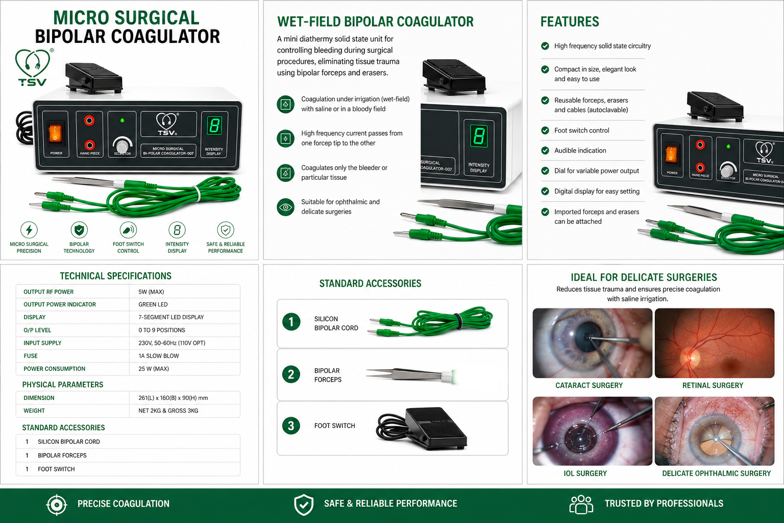 TSW isolated bipolar electrosurgical unit for ophthalmic and microsurgical coagulation