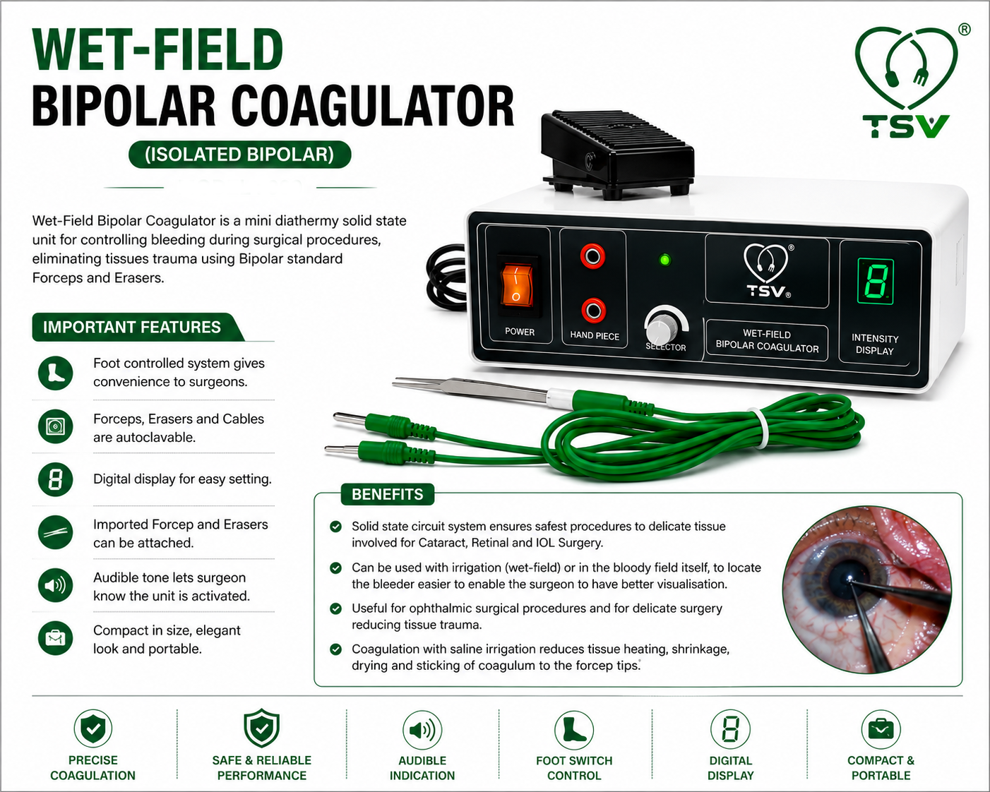 Ophthalmic bipolar cautery machine for saline-irrigated wet-field microsurgery