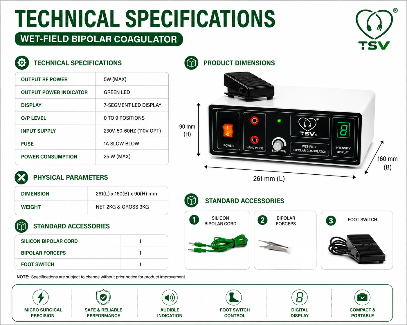 Wet field eye bipolar coagulator technical features with 5W maximum RF output