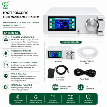 TSW hysteroscopy pump with 200–1500 ml/min flow and 20–450 mmHg pressure range