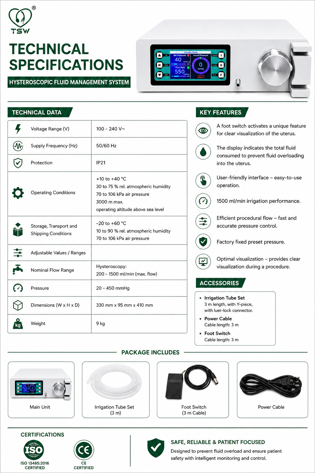 TSW hysteroscopy irrigation pump front view with digital pressure and flow display